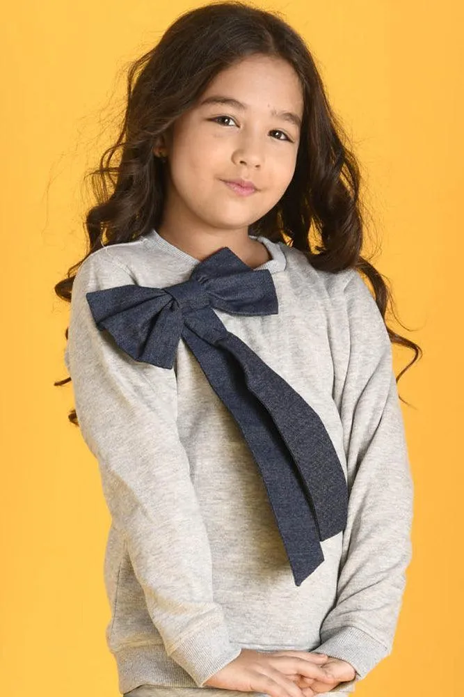 DENIM BOW FLEECE PLAIN SWEATSHIRT JOGGER SET - ECRU MELANGE