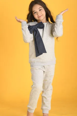 DENIM BOW FLEECE PLAIN SWEATSHIRT JOGGER SET - ECRU MELANGE
