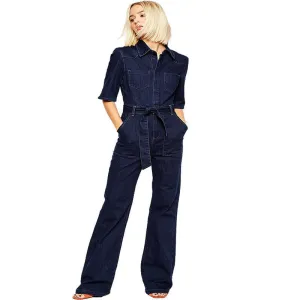 Denim Overalls Women Fashion Handsome lacing Slim Half Sleeve Tooling Denim jumpsuit Casual Rompers for women