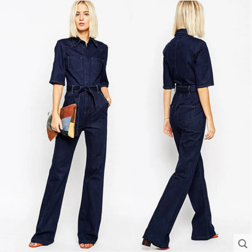 Denim Overalls Women Fashion Handsome lacing Slim Half Sleeve Tooling Denim jumpsuit Casual Rompers for women
