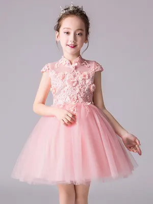 Designed Neckline Sleeveless Bows Kids Social Party Dresses