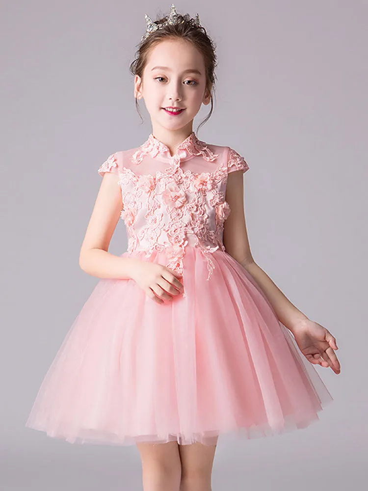 Designed Neckline Sleeveless Bows Kids Social Party Dresses