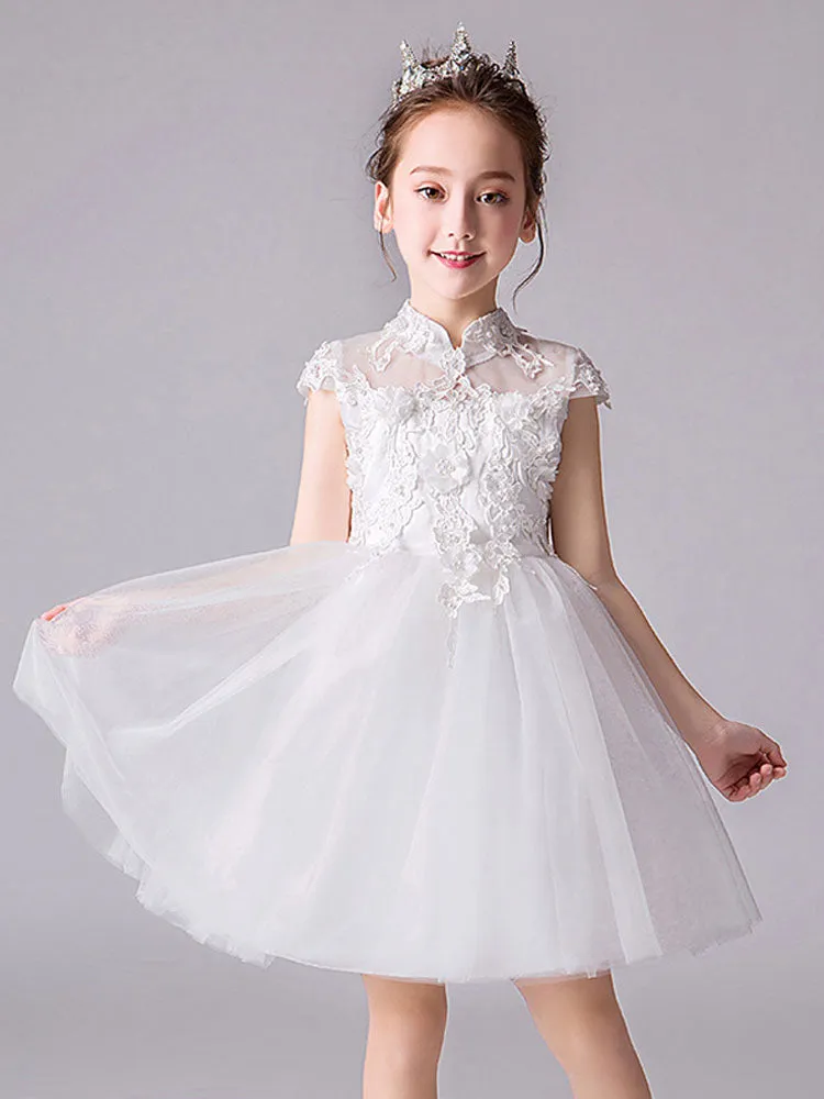 Designed Neckline Sleeveless Bows Kids Social Party Dresses