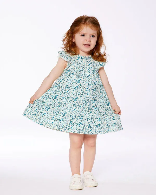 deux par deux Girls Printed Organic Cotton Dress - Small Turquoise Flowers
