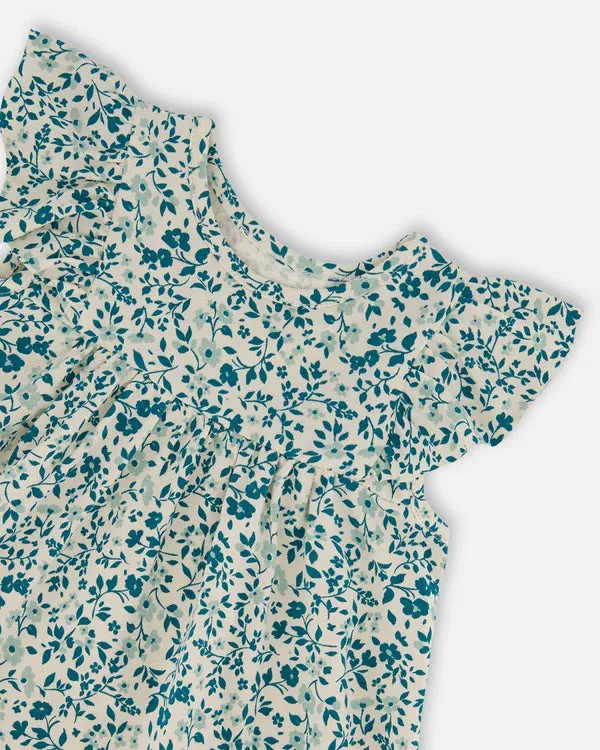 deux par deux Girls Printed Organic Cotton Dress - Small Turquoise Flowers