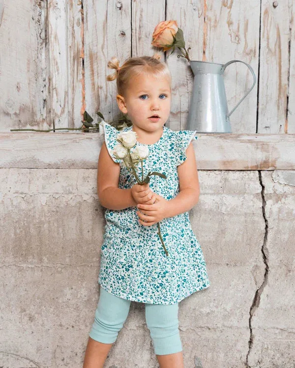 deux par deux Girls Printed Organic Cotton Dress - Small Turquoise Flowers
