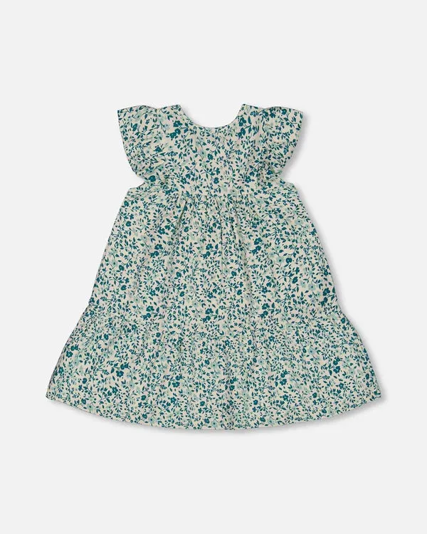 deux par deux Girls Printed Organic Cotton Dress - Small Turquoise Flowers