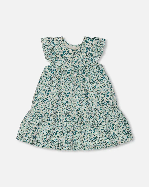 deux par deux Girls Printed Organic Cotton Dress - Small Turquoise Flowers