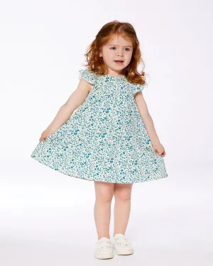 deux par deux Girls Printed Organic Cotton Dress - Small Turquoise Flowers