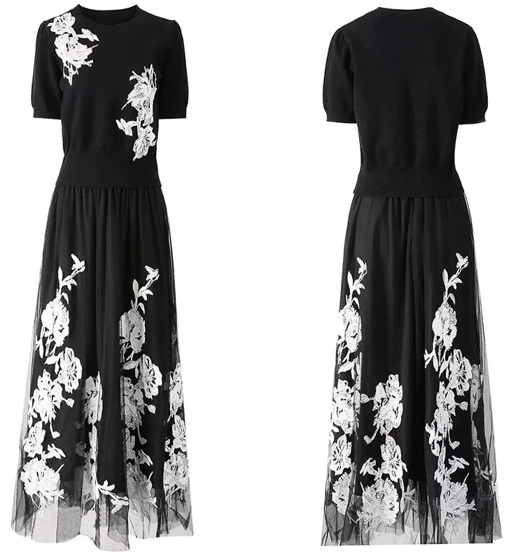 Diara Short Sleeves Knitted Top Sashes Mesh Skirt High Street Two Piece Set