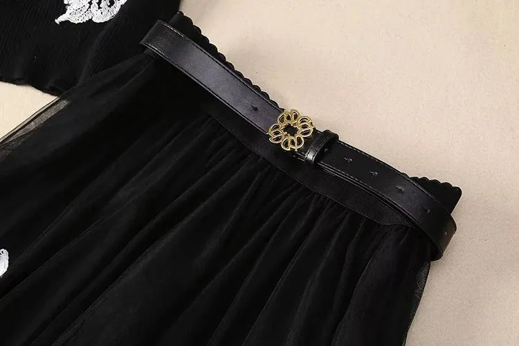 Diara Short Sleeves Knitted Top Sashes Mesh Skirt High Street Two Piece Set
