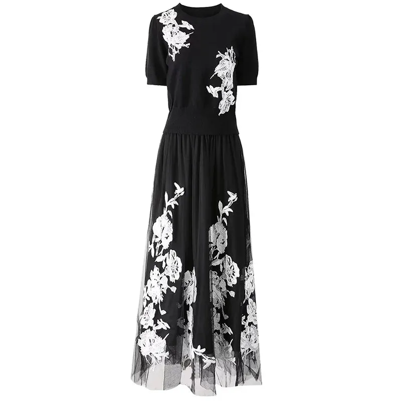 Diara Short Sleeves Knitted Top Sashes Mesh Skirt High Street Two Piece Set