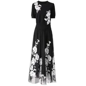 Diara Short Sleeves Knitted Top Sashes Mesh Skirt High Street Two Piece Set
