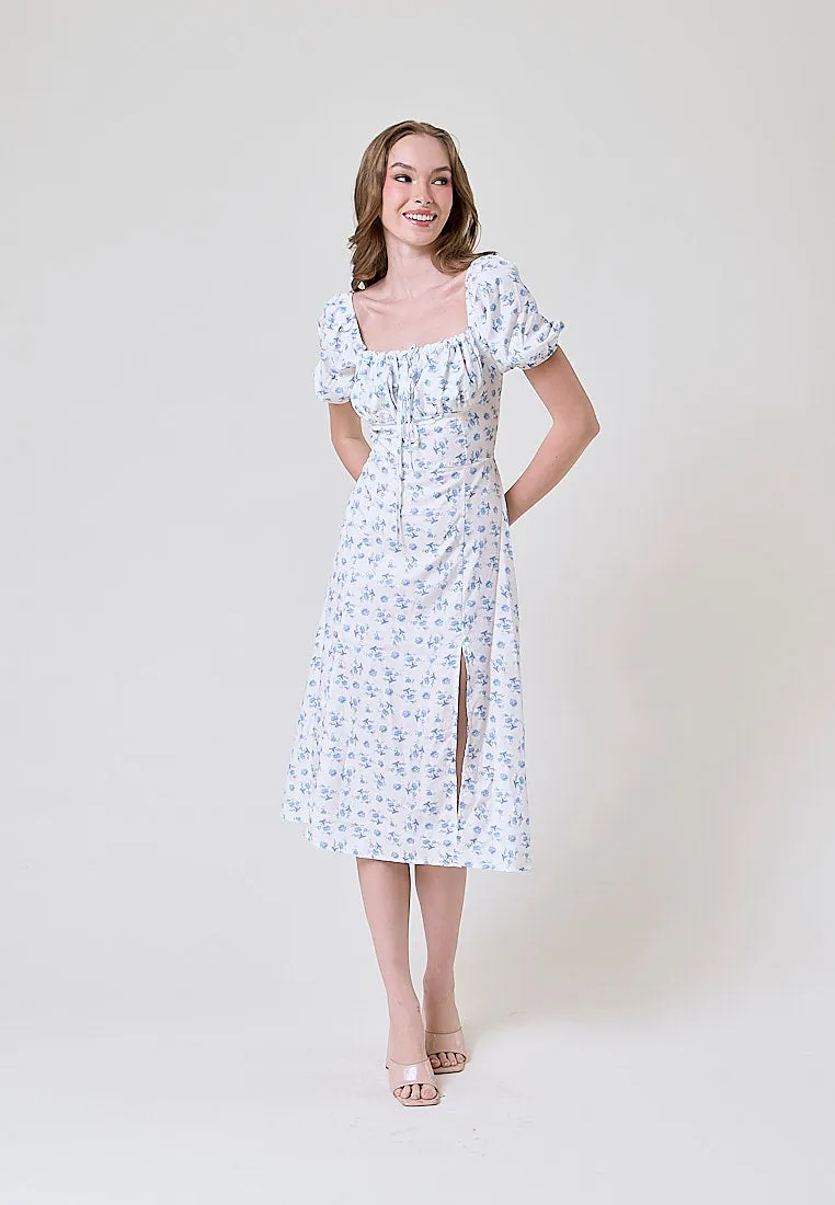 Domain White Floral Print Square Collar Short Puff Sleeve Side Split Maxi Dress