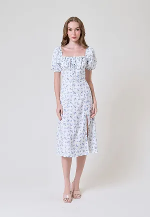 Domain White Floral Print Square Collar Short Puff Sleeve Side Split Maxi Dress