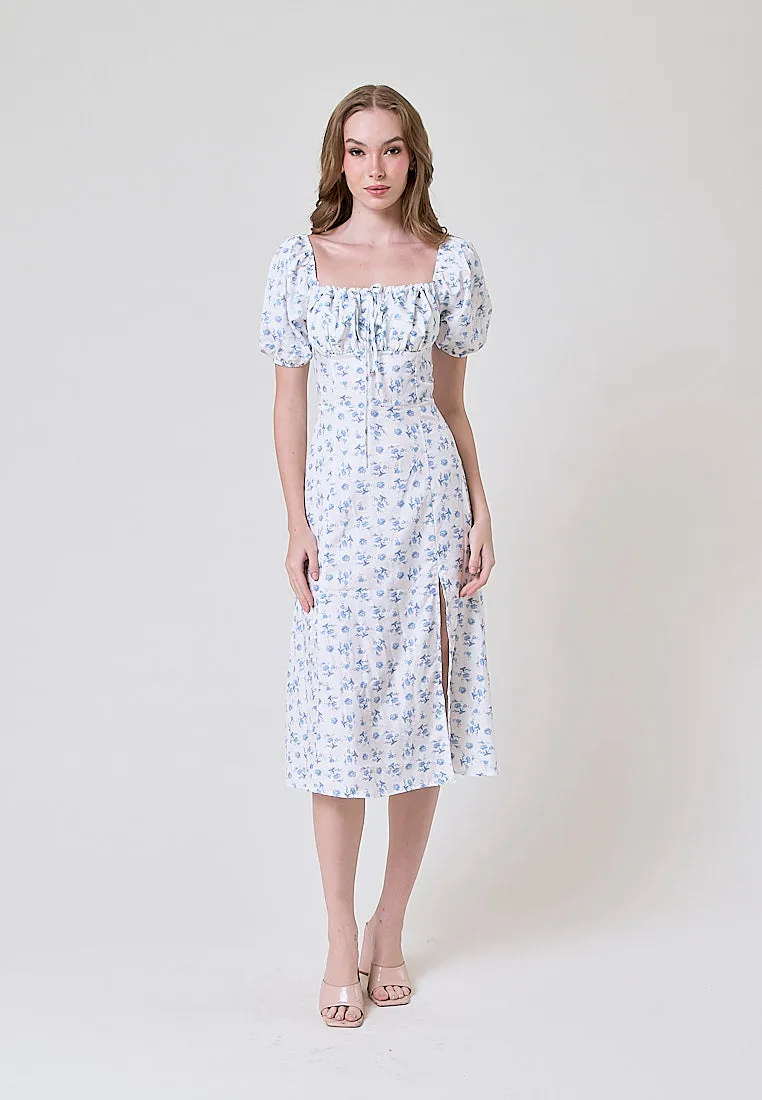 Domain White Floral Print Square Collar Short Puff Sleeve Side Split Maxi Dress