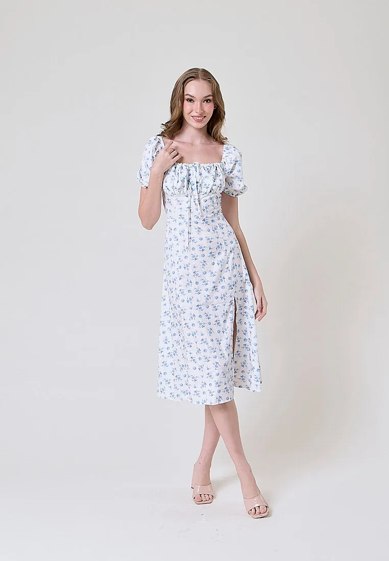 Domain White Floral Print Square Collar Short Puff Sleeve Side Split Maxi Dress