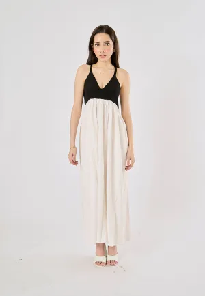 Domino Black and White Contrast V-Neck Back Hollow Out Midi Dress