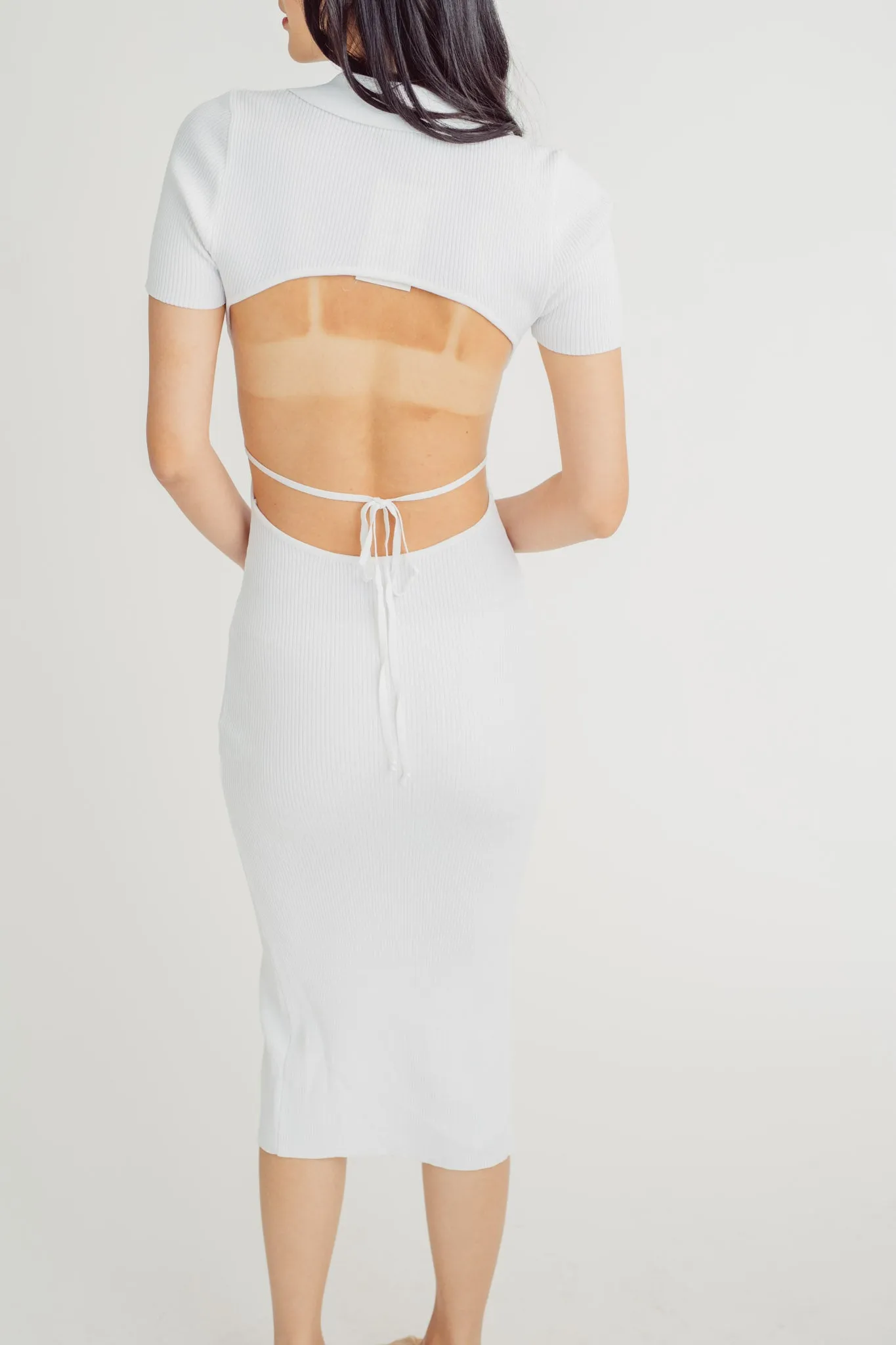 Doralee White Knitted Collar Short Sleeves Buttondown Open Back Bodycon Midi Dress