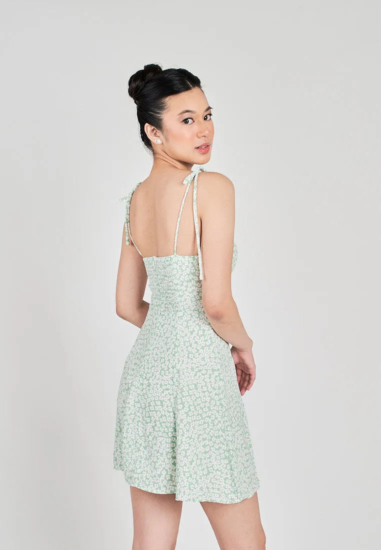 Dreyana Sage Floral All Over Print Self Tie Strap Mini Dress