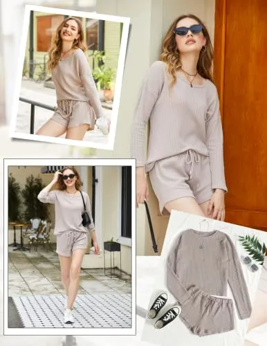 Ekouaer Womens Waffle Knit Pajama Sets Long Sleeve Top and Shorts Matching Lounge Set Sleepwear Loungewear Sweatsuit with Pockets A-Light Khaki