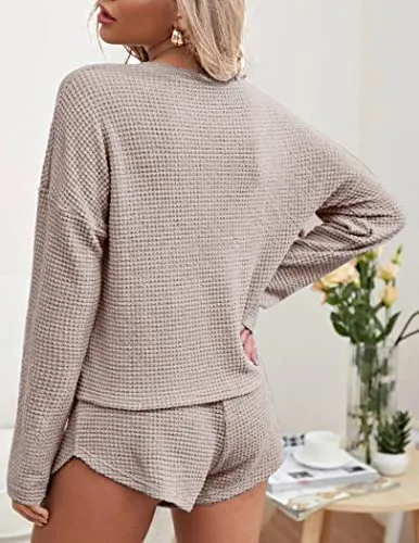 Ekouaer Womens Waffle Knit Pajama Sets Long Sleeve Top and Shorts Matching Lounge Set Sleepwear Loungewear Sweatsuit with Pockets A-Light Khaki