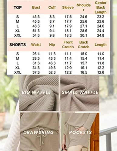 Ekouaer Womens Waffle Knit Pajama Sets Long Sleeve Top and Shorts Matching Lounge Set Sleepwear Loungewear Sweatsuit with Pockets A-Light Khaki