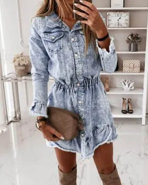Elastic Waist Tassel Lapel Button Denim Coat Mini Dresses