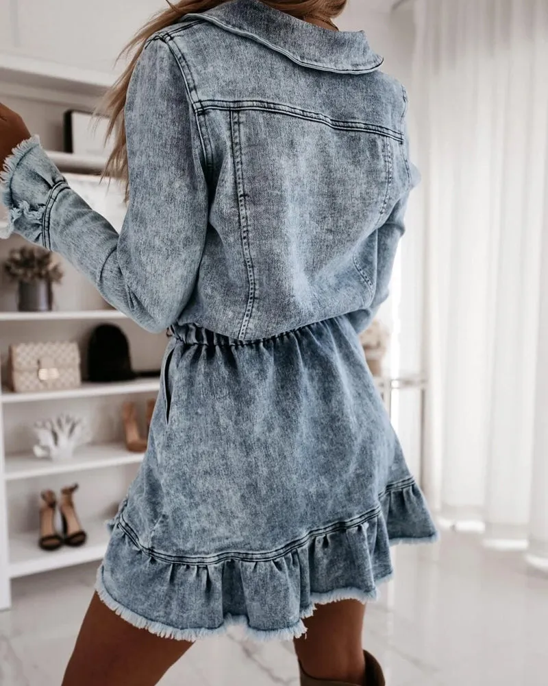 Elastic Waist Tassel Lapel Button Denim Coat Mini Dresses
