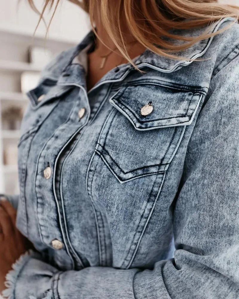 Elastic Waist Tassel Lapel Button Denim Coat Mini Dresses