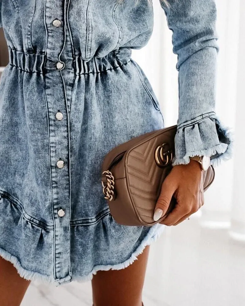 Elastic Waist Tassel Lapel Button Denim Coat Mini Dresses