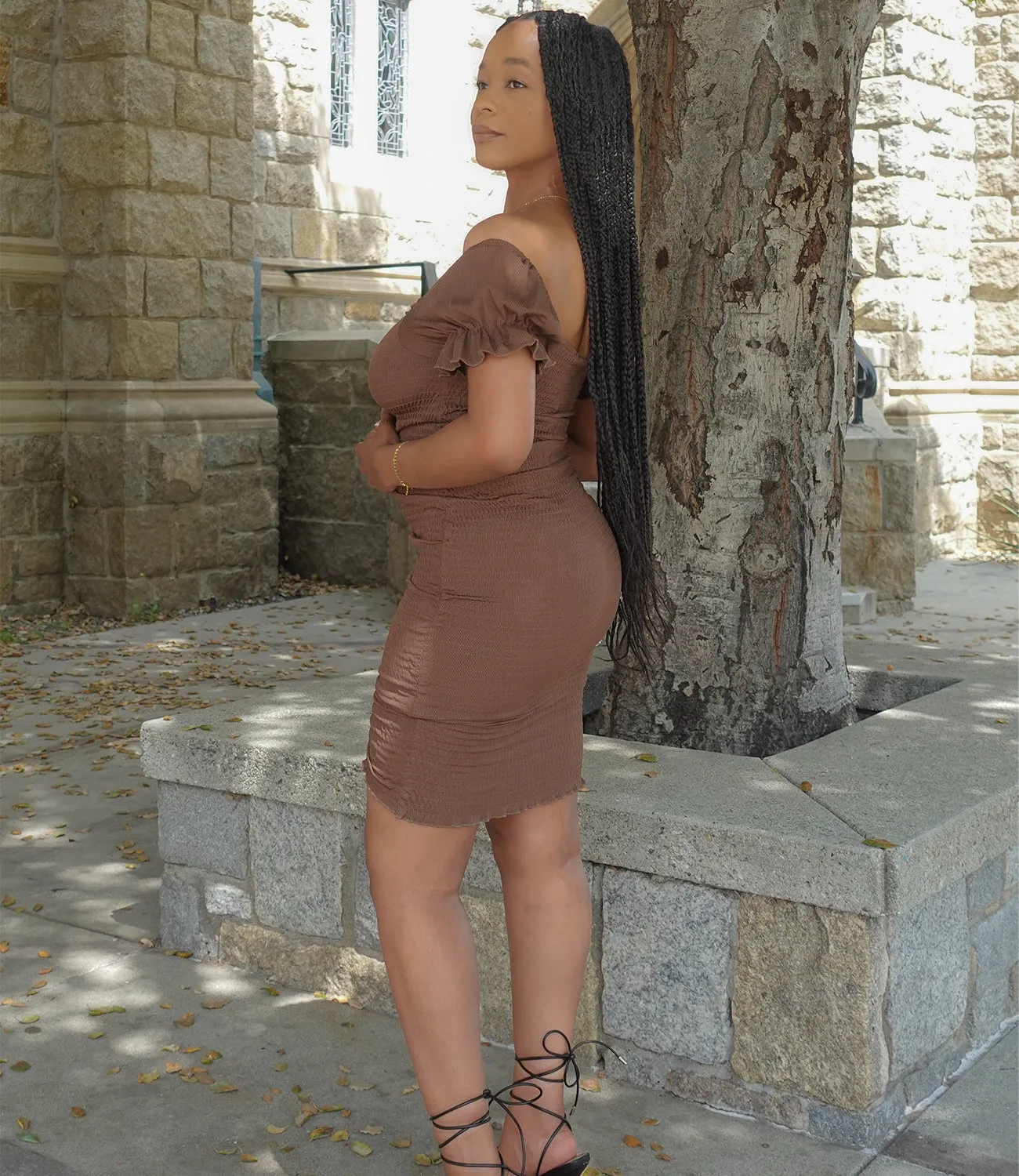 Everyday Ruched Dress(Brown)