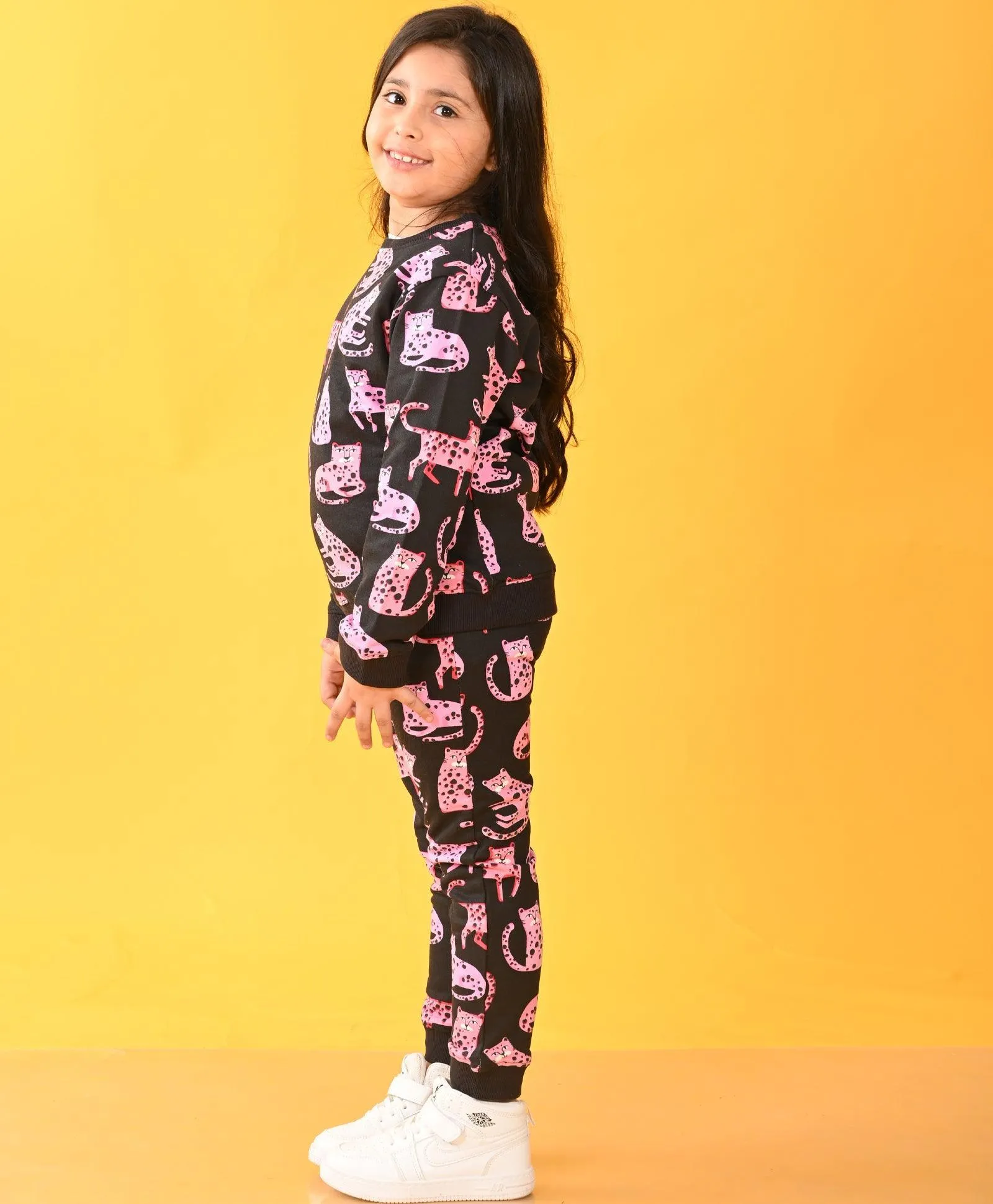FUNNY CATS FLEECE GIRLS SWEATSHIRT JOGGER SET - BLACK