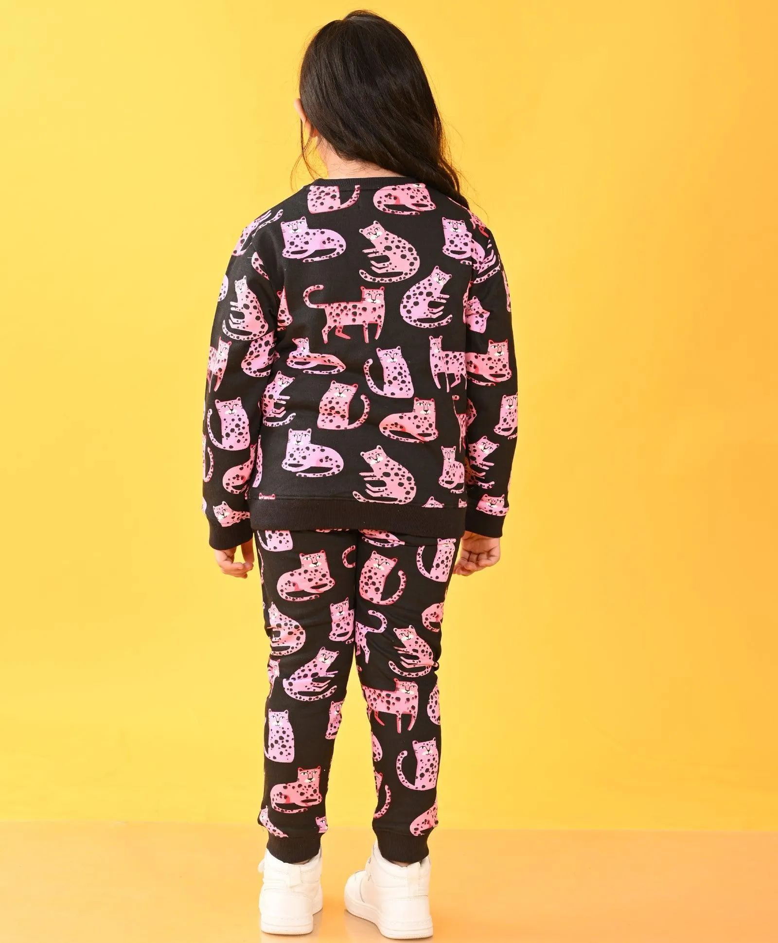 FUNNY CATS FLEECE GIRLS SWEATSHIRT JOGGER SET - BLACK