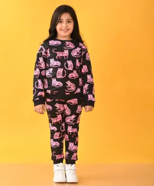 FUNNY CATS FLEECE GIRLS SWEATSHIRT JOGGER SET - BLACK