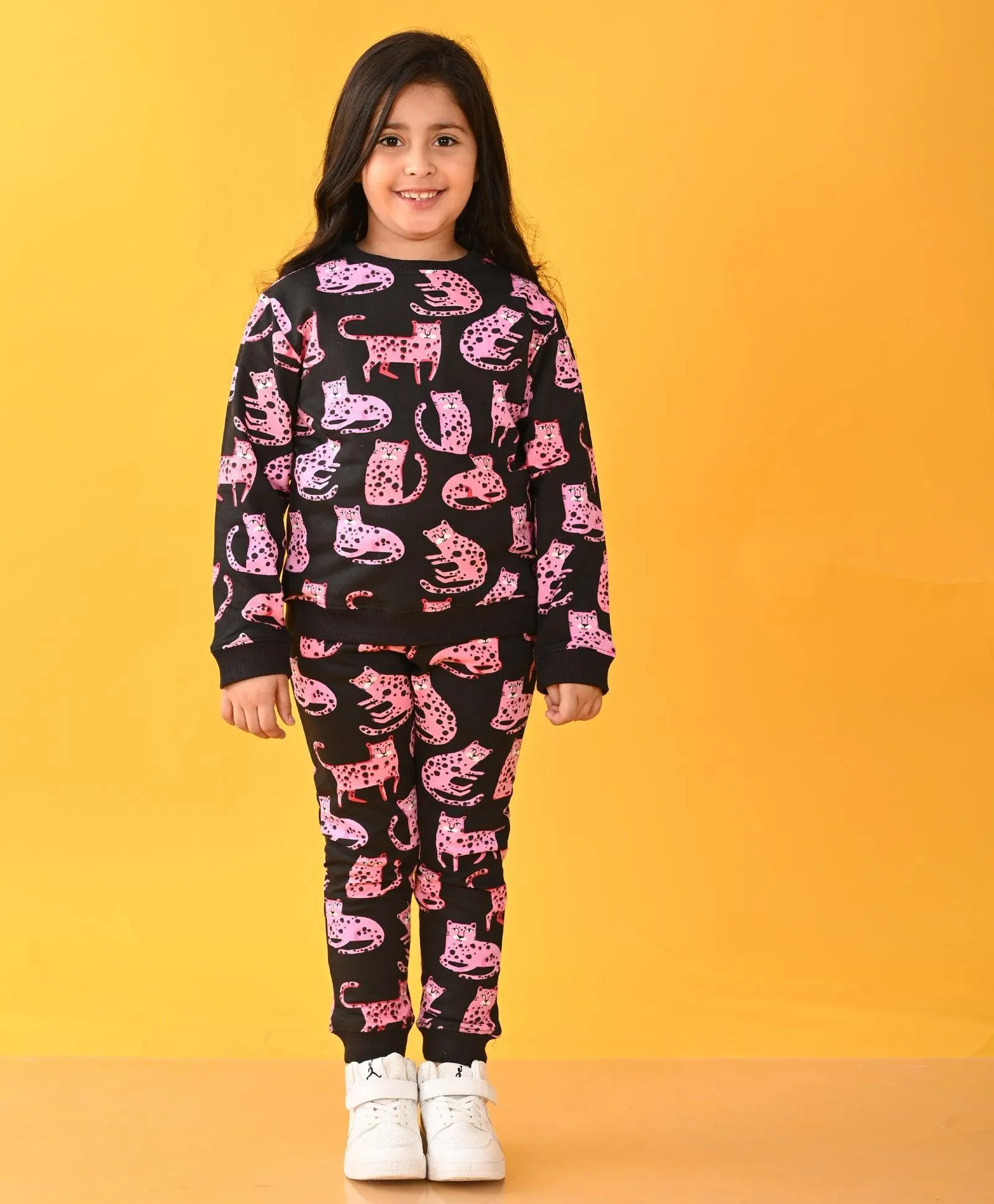 FUNNY CATS FLEECE GIRLS SWEATSHIRT JOGGER SET - BLACK