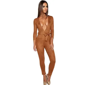 Glamaker Deep v neck suede belt bodycon jumpsuit romper Autumn fitness brown party women jumpsuit Casual fashion overalls