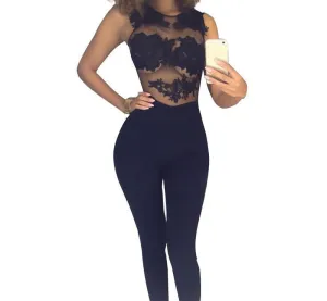 Glamaker Summer floral sheer lace sexy jumpsuit women Elegant zipper fitness jumpsuit romper party long pants overalls