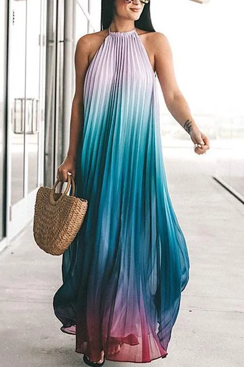 Gradient Color Halter Neck Backless Maxi Dress