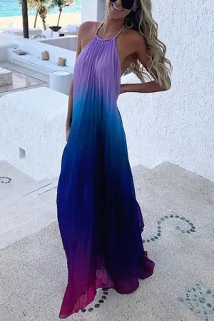 Gradient Color Halter Neck Backless Maxi Dress
