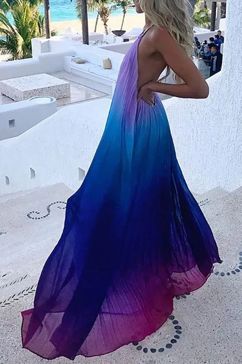 Gradient Color Halter Neck Backless Maxi Dress
