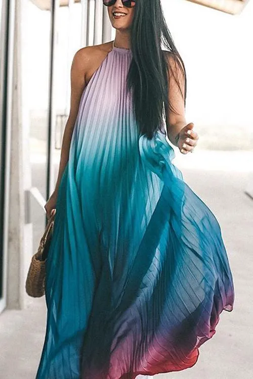 Gradient Color Halter Neck Backless Maxi Dress