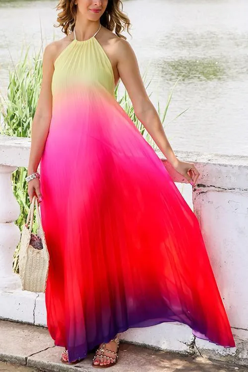 Gradient Color Halter Neck Backless Maxi Dress