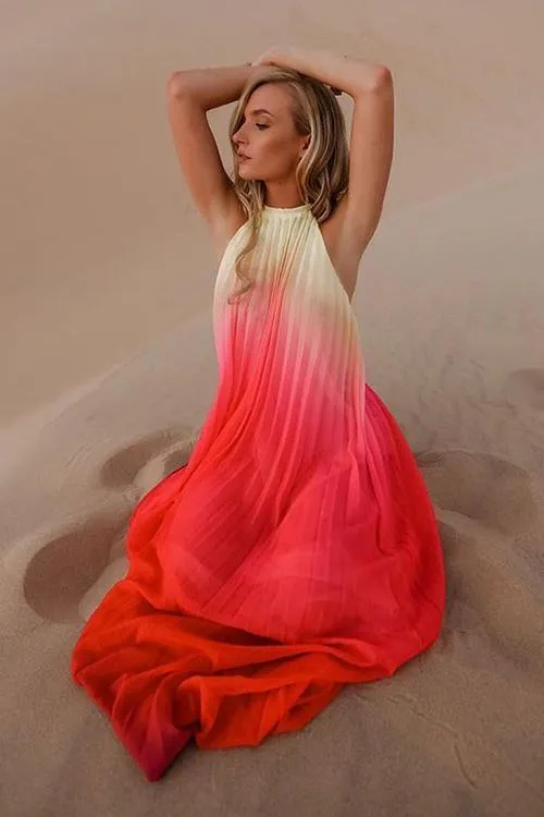 Gradient Color Halter Neck Backless Maxi Dress