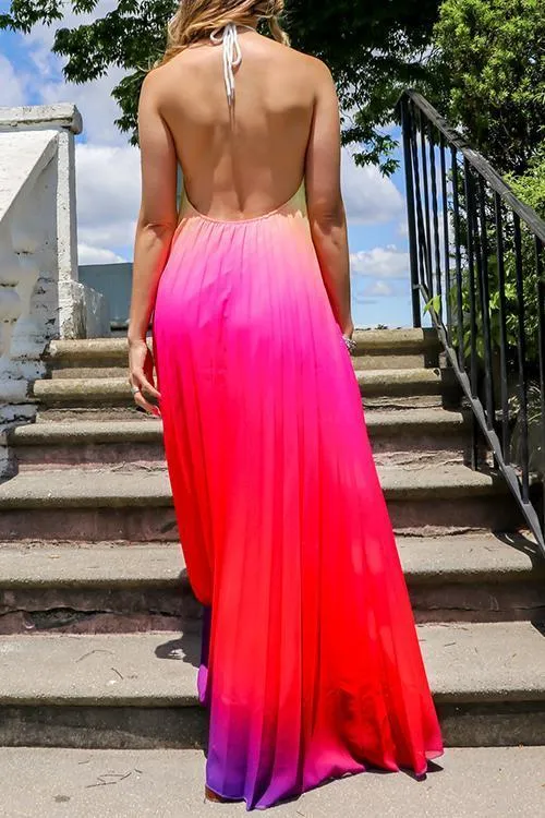 Gradient Color Halter Neck Backless Maxi Dress