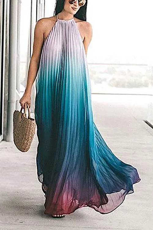 Gradient Color Halter Neck Backless Maxi Dress