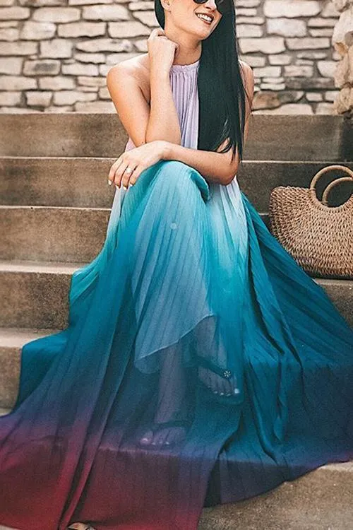 Gradient Color Halter Neck Backless Maxi Dress