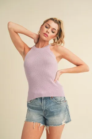 Grecian Neck Ribbed Lilac Color Tank Top
