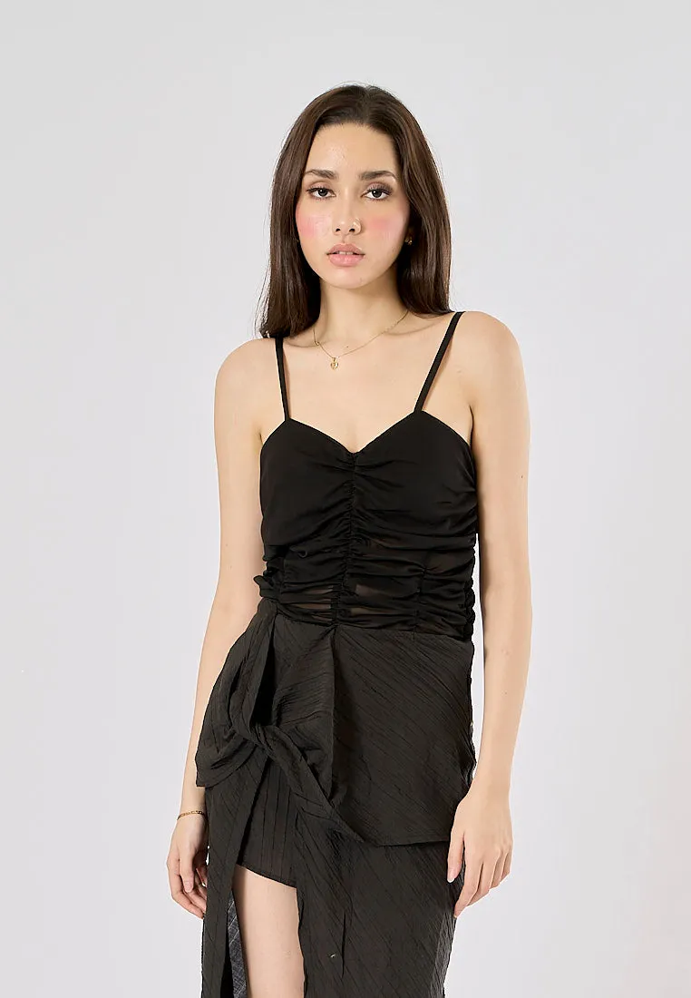 Guinevere Black Sheer Asymmetric Midi Dress