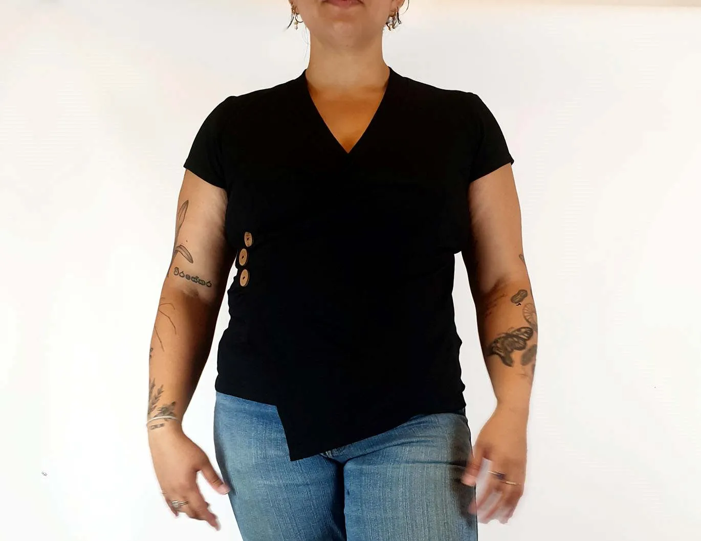 Gwyllem black wrap style top with cute side buttons side 16